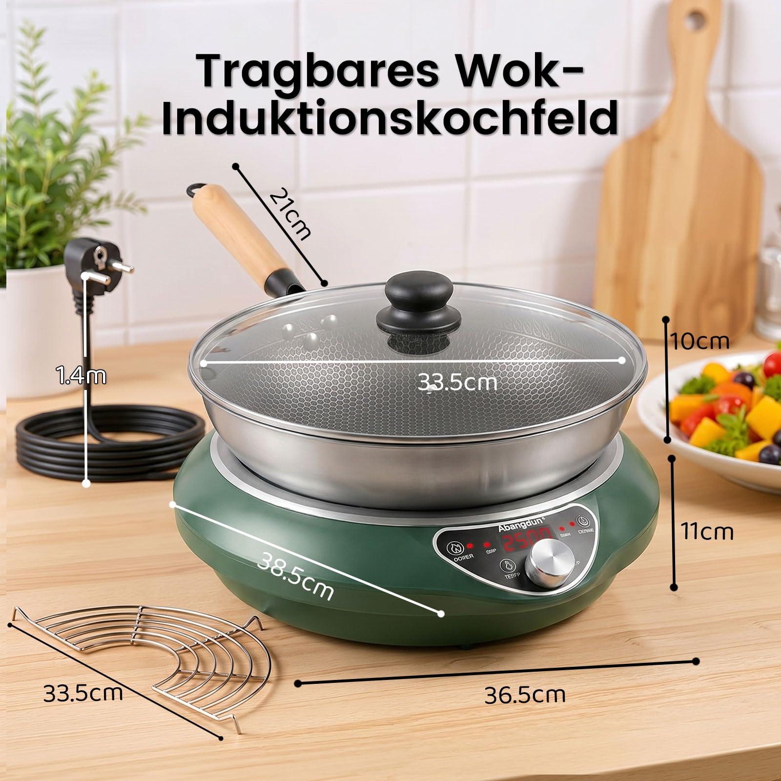 Induktionskochplatte mit Wok, 2500W Induktionskochfeld 1 Platte Kochplatte Induktion mit 16 Leistungsstufen, 200W-2500Watt,Temperaturbereich 80-240°C, LED Display, 18-Stunden-Timer, 190-275V