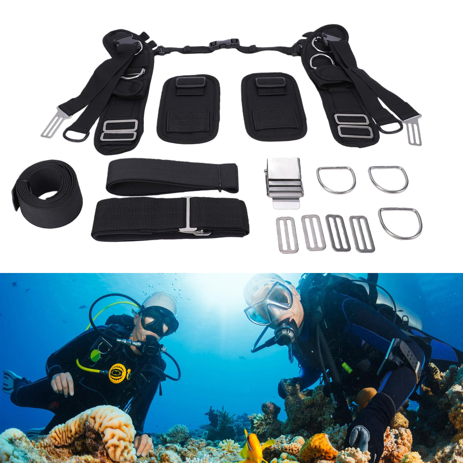 Luocute Imbracatura con Piastra Posteriore per Immersioni Subacquee | Fibbie Antiruggine in Nylon in Acciaio Inossidabile, Spallacci in Neoprene, Anelli di Ritenzione in Gomma Flessibile per