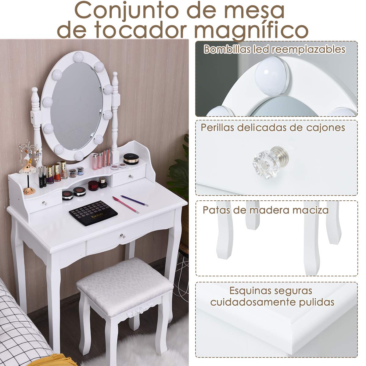 COSTWAY Tocador de Maquillaje con LED,Espejo Giratorio y Taburete Mesa de Cosmético con 3 Cajones para Dormitorio Habitación (Blanco)