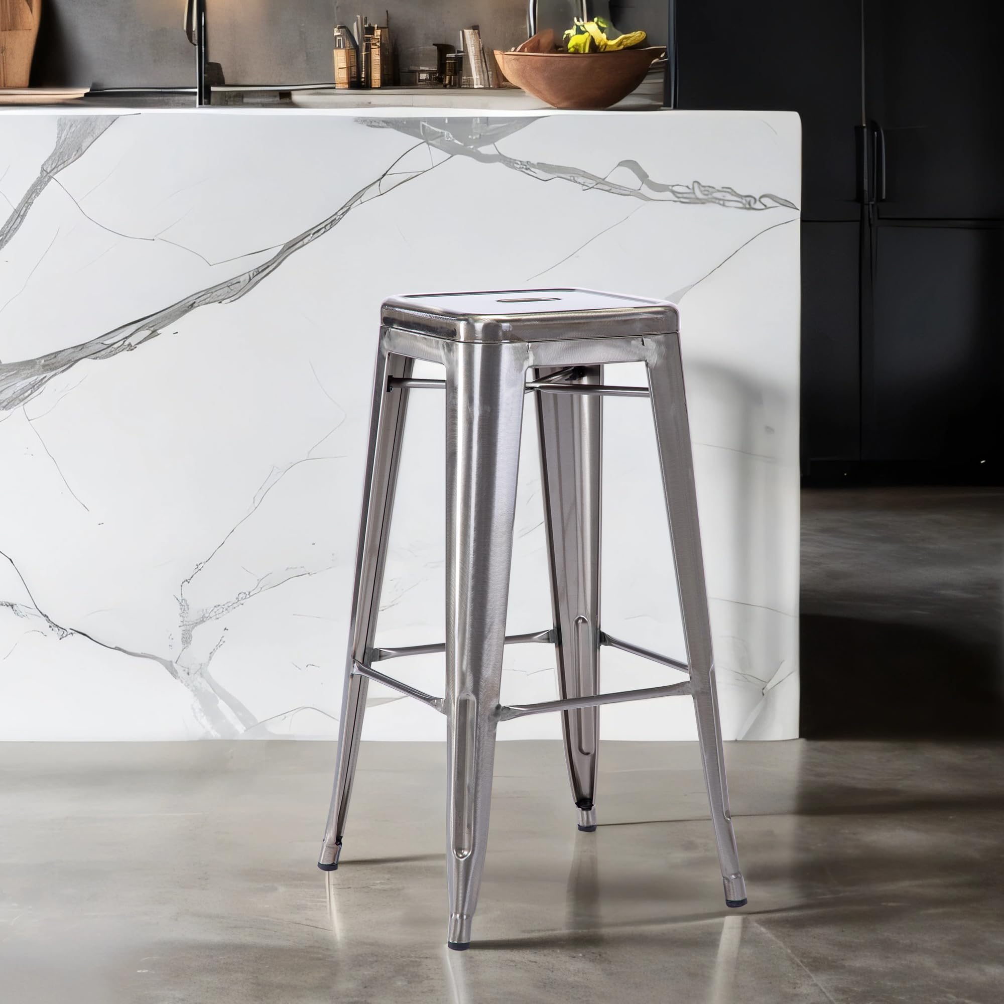 Duhome Barhocker Eisen Barstühle 4er Set, Sitzhöhe 76cm Tresenhocker, Stapelbar Metall Bistrohocker mit Fußstütze im Industry Design, Metallic
