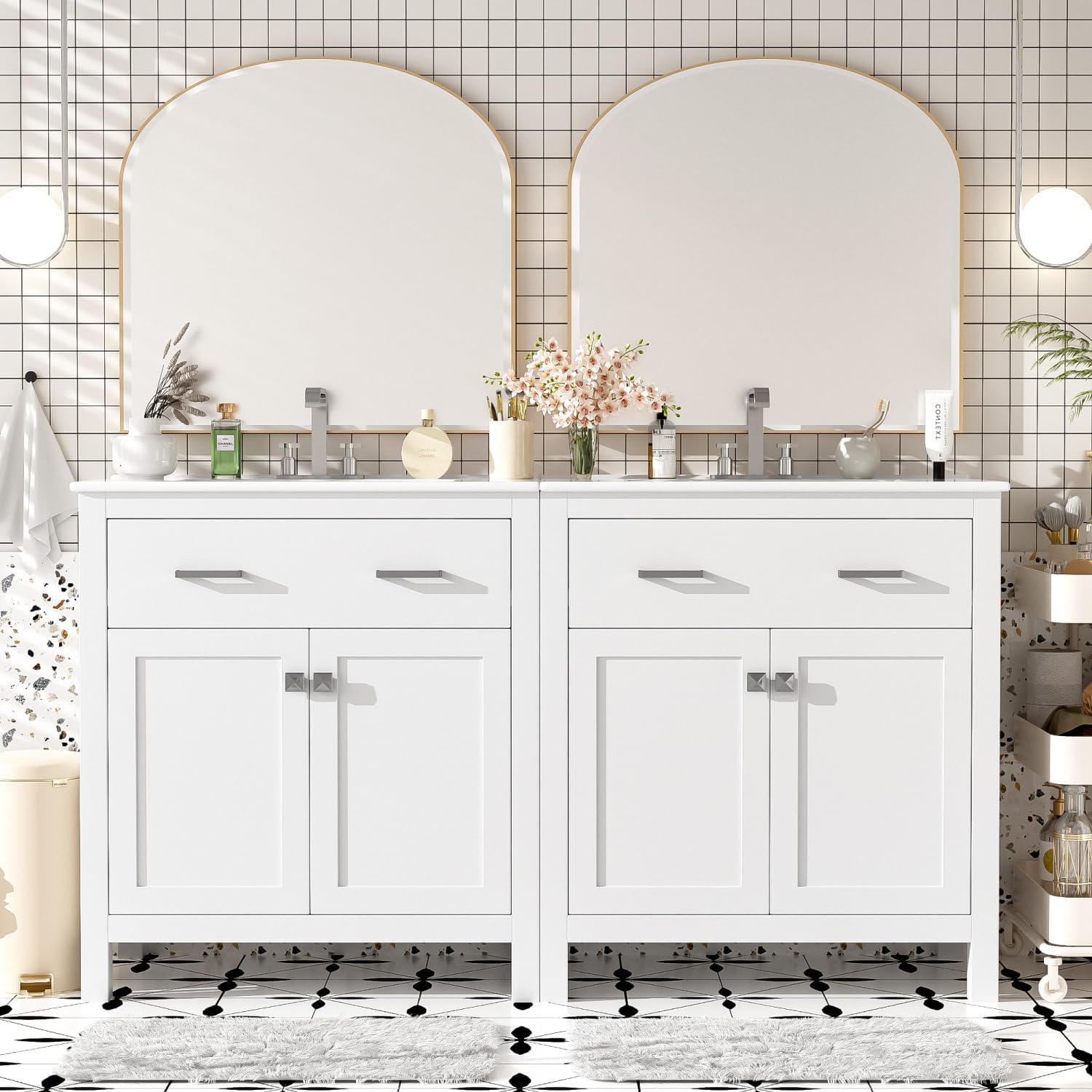60" Modern White Bathroom Vanity Set with Double Vanities (Separate), Double Ceramic Sinks, Adjustable Shelf, Soft Close Doors and Flip Drawer for Spacious Bathrooms