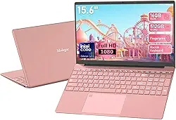 Laptop de estudante FHD de 15,6 polegadas rosa, 16 GB DDR4 RAM 512 GB PCIe SSD, laptop portátil com teclado retroiluminado, abertura de ângulo de 180°, leitor de impressão digital, bateria de 6000 mAh