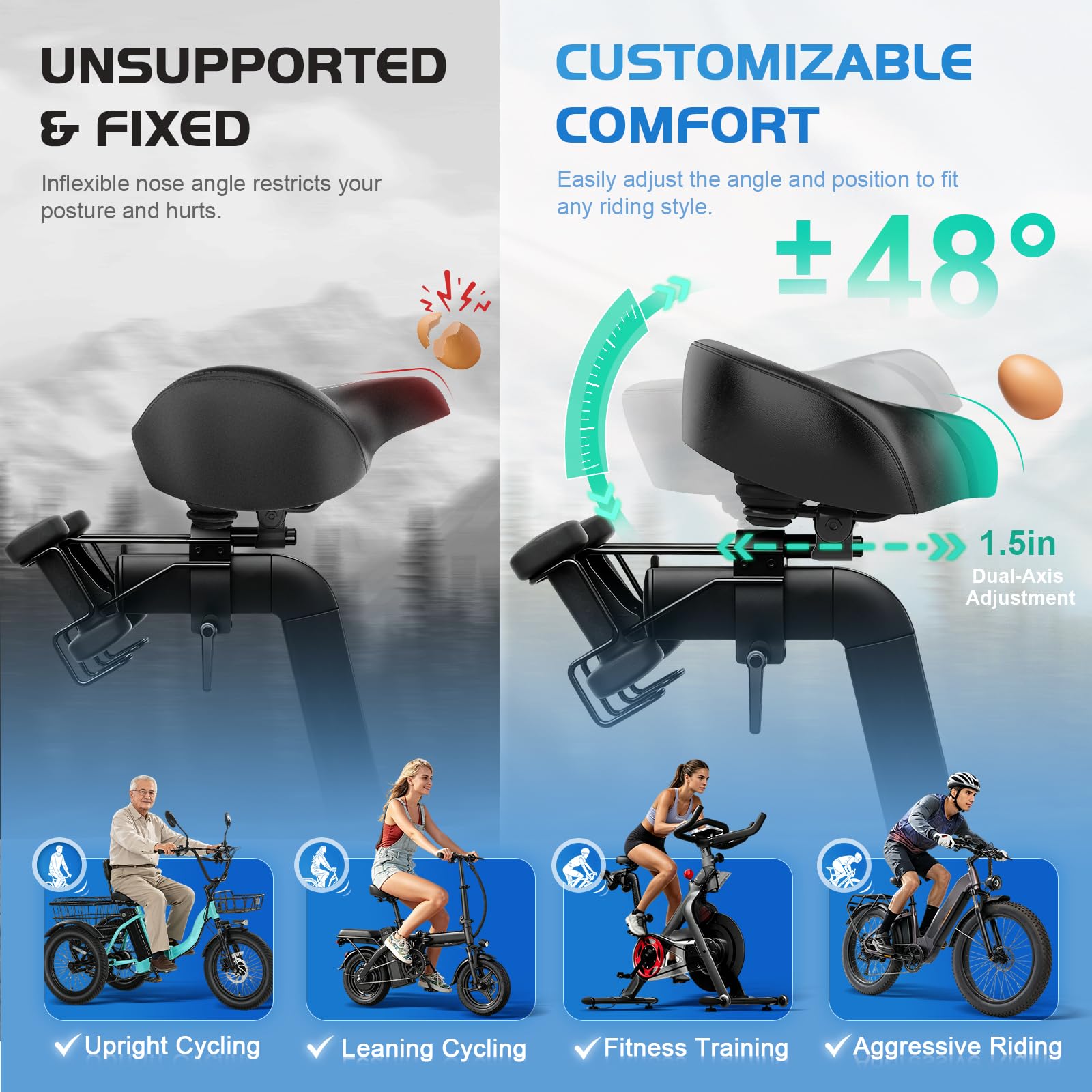Coussin de selle de vélo sans nez pour hommes et femmes - Rembourrage et confort supplémentaires, selle de vélo large, selle surdimensionnée confortable pour vélos Peloton, vélos d'exercice, vélos
