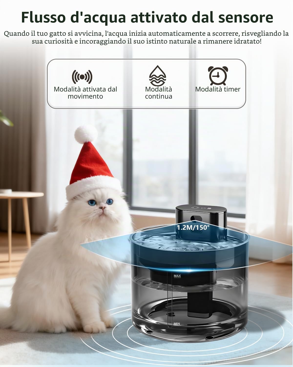 Fontana per Gatti senza Fili, 3.5L Fontanella per Gatti con Sensore di Movimento, con Pompa d'acqua Silenziosa, Alimentata da Batteria da 5000mAh, Fontana Gatto con Vassoio in Acciaio Inox