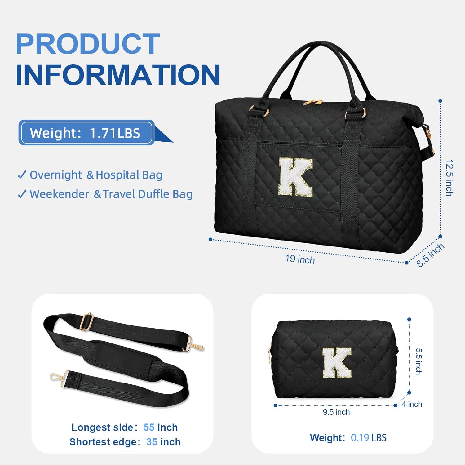 Gifts for Women, Initial Travel Duffle Bag, Personalized Weekender Overnight Bags, Monogram Sport Gym Carry On Bags with Wet Pocket(Black,K) - Image 4