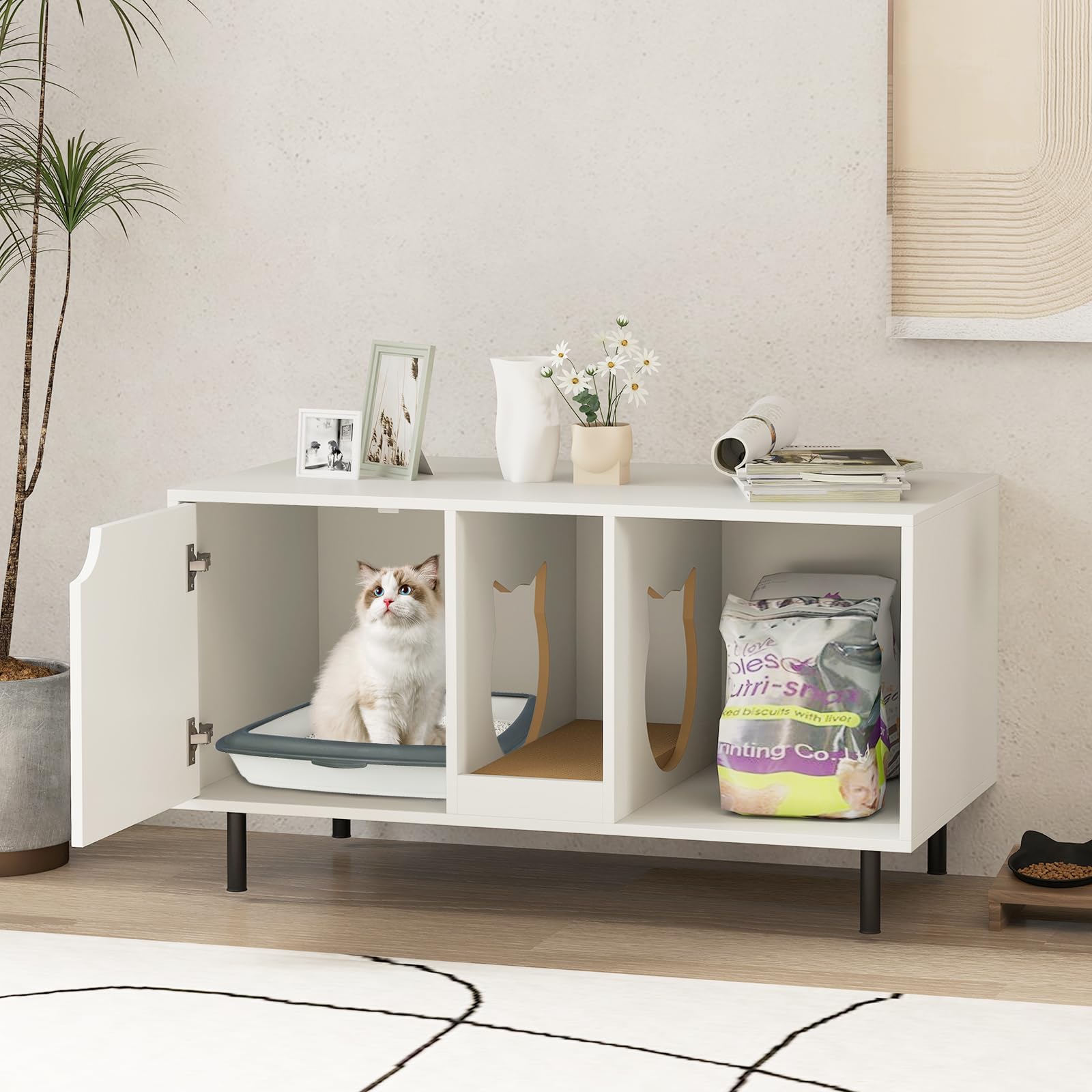 COSTWAY Lettiera Nascosto, Mobile Laterale in Legno con Ingresso a Forma di Testa di Gatto, Pannello Grattugia Rimovibile e Gambe in Metallo, Tavolino per Animali Domestici, Bianco, Portata di 120 kg