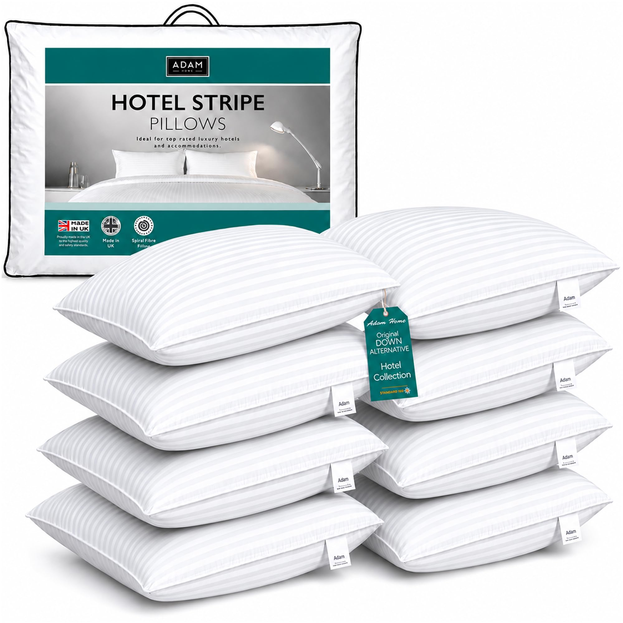 Adam Home Almohada a Rayas 8 Paquetes (50x75 cm), Almohada de Calidad Hotelera, Almohadas para Dormir de Lado, Almohada Rellena, Rebote rápido, a Prueba de Polvo