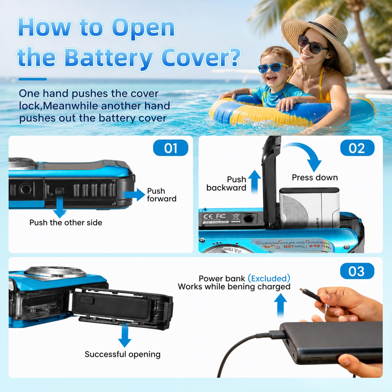 Fotocamera Digitale Impermeabile, Action Camera Subacquea HD 2.7K 48MP con Doppio Schermo per Snorkeling 3M per Nuotare, Zoom Digitale 16X Anti-Shake, Blu