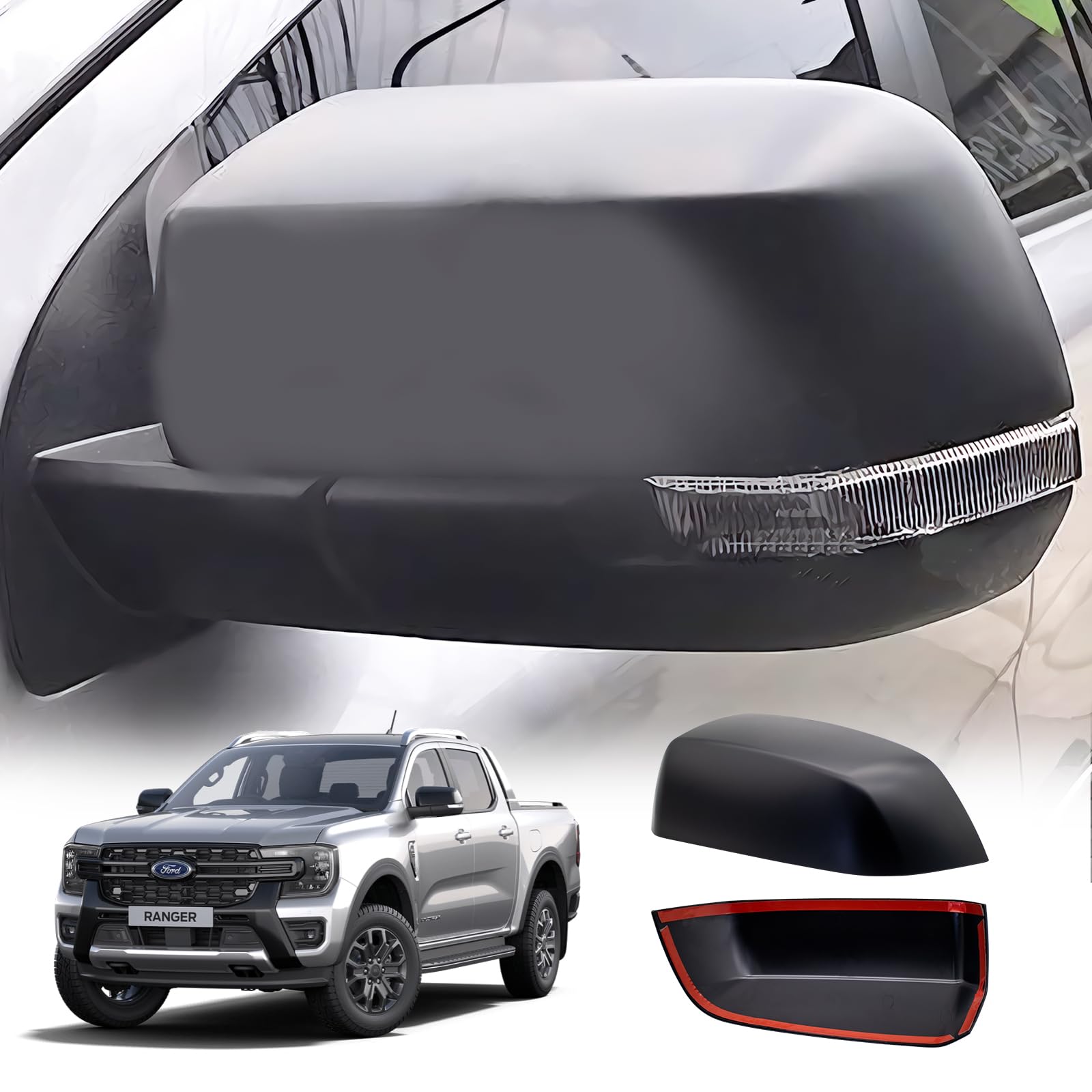 For Ford Ranger T9 2023-2025 Accessories - Wing Mirror Cover Cap For Ranger Wildtrak Raptor Platinum XLT XL Tremor Side Door Mirror Protector Trim Guard Matte Black 2PCS