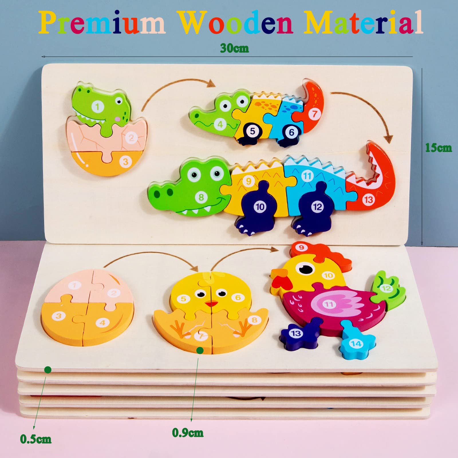 Animals Wooden Jigsaw Puzzles for Kids Toys, Dinosaur, Small to Medium - Image 2