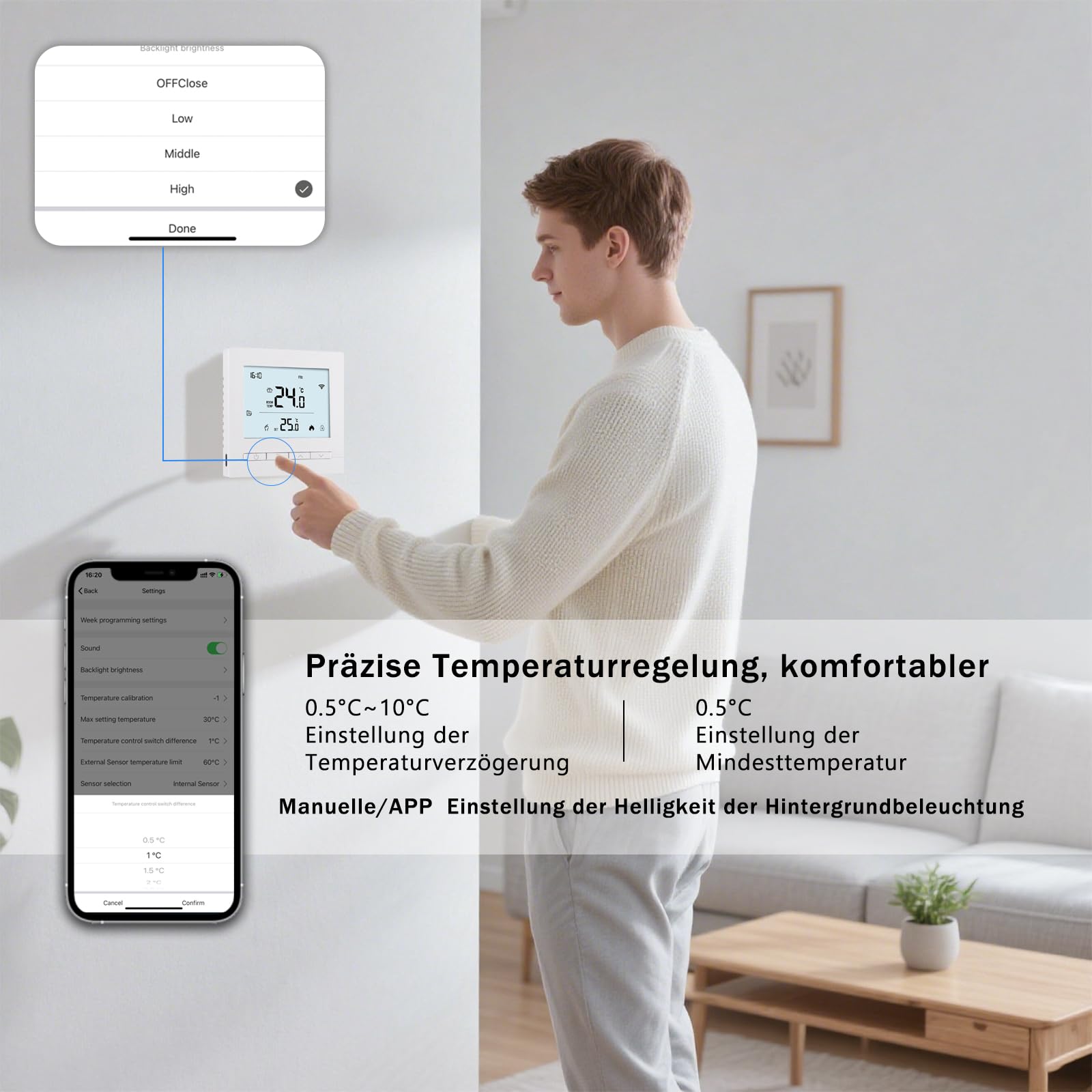 Termostato conectado WiFi Termostato de ambiente inteligente programable Calefacción por suelo eléctrico Termostatos Radiador eléctrico inalámbrico Tuya, con teclado para Alexa, Google Home,16 A