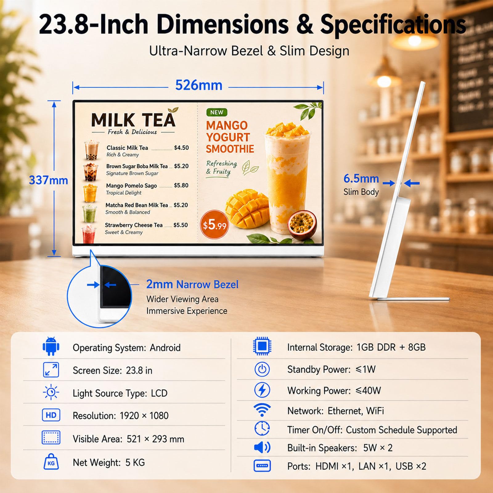 Pantalla publicitaria Comercial Cristal Templado antiarañazos | Encendido automático marco 2 mm para visualización de menús en tiendas y hoteles