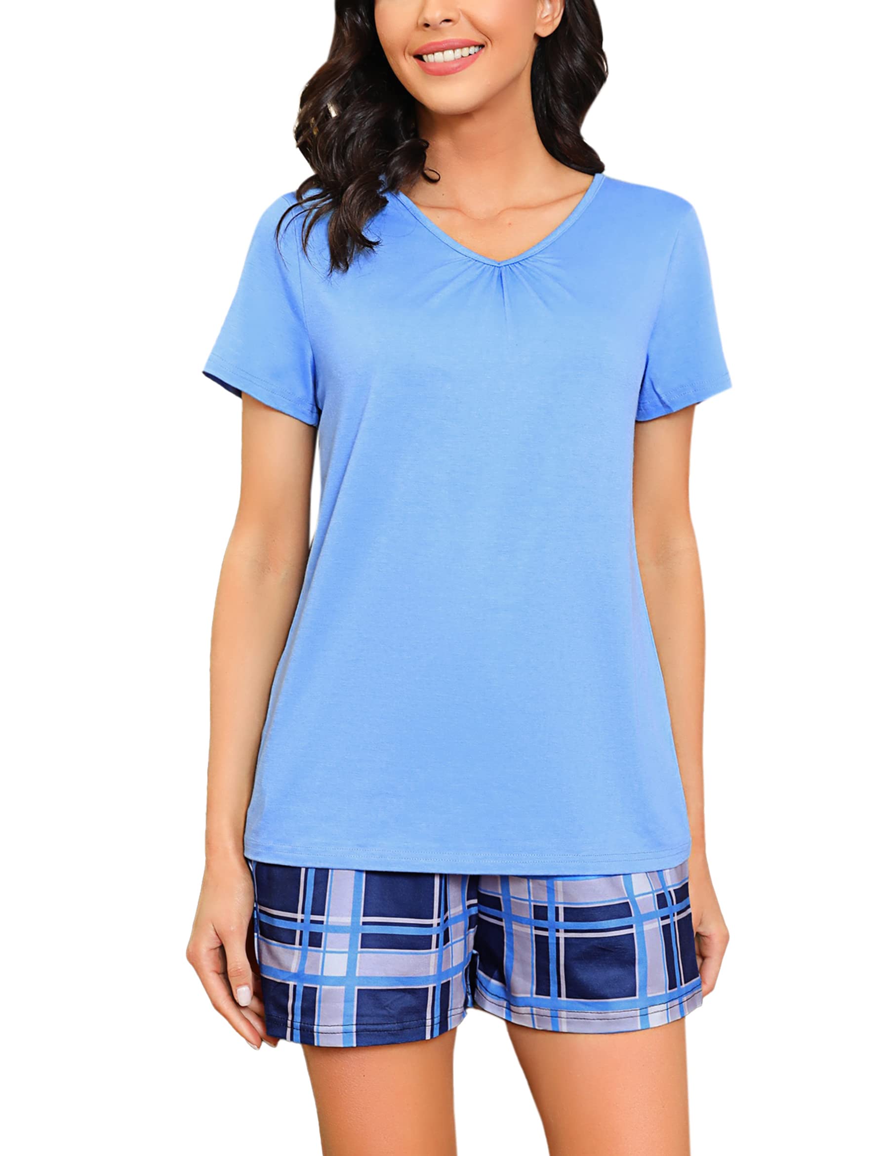 Marvmys Pijama Mujer Algodón Verano Pijama Manga Corta Transpirable Suave Cómodo Cinturón Bolsillos Ajustables S-XXL