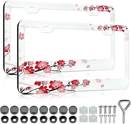 LIN KANG Hermoso Marco de Matrícula de Flor de Cerezo - 2 PCS Portamatrícula de Flores Florales Cubierta Accesorios Universales de Automóvil