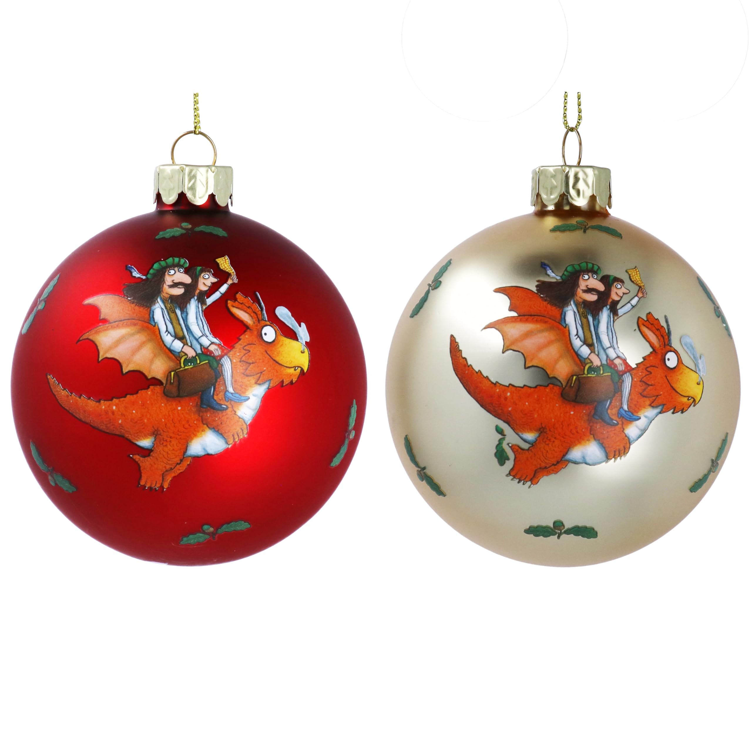 Gisela Graham Glass Christmas Baubles, Zog Flying Doctors Design, Red and Gold, Set of 2, 8cm