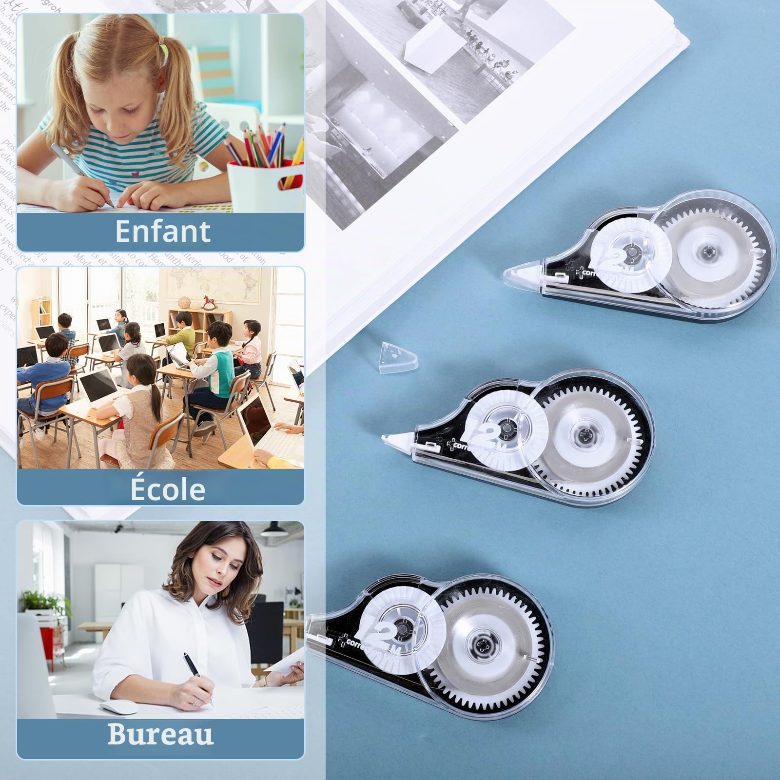 Yoosso 36 Pièces Rubans Correcteurs, 12 m x 5 mm Souris Correcteur Blanc Mini Roller de Correction avec Capuchon Protecteur pour Fourniture Scolaire École Bureau (Noir)
