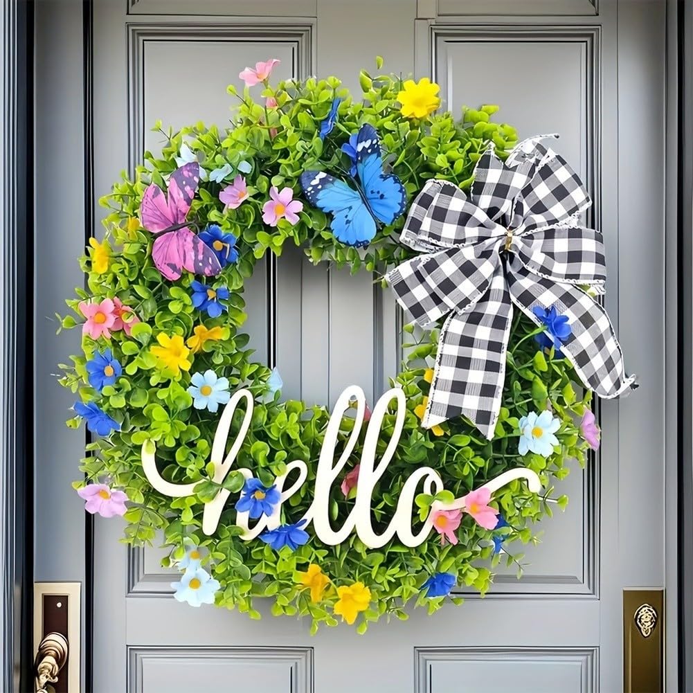 Ghirlanda di eucalipto con cartello di benvenuto, 46 cm, verde, artificiale, decorazione per porta d'ingresso, per casa, giardino, cortile, esterno, interno, da appendere alla parete