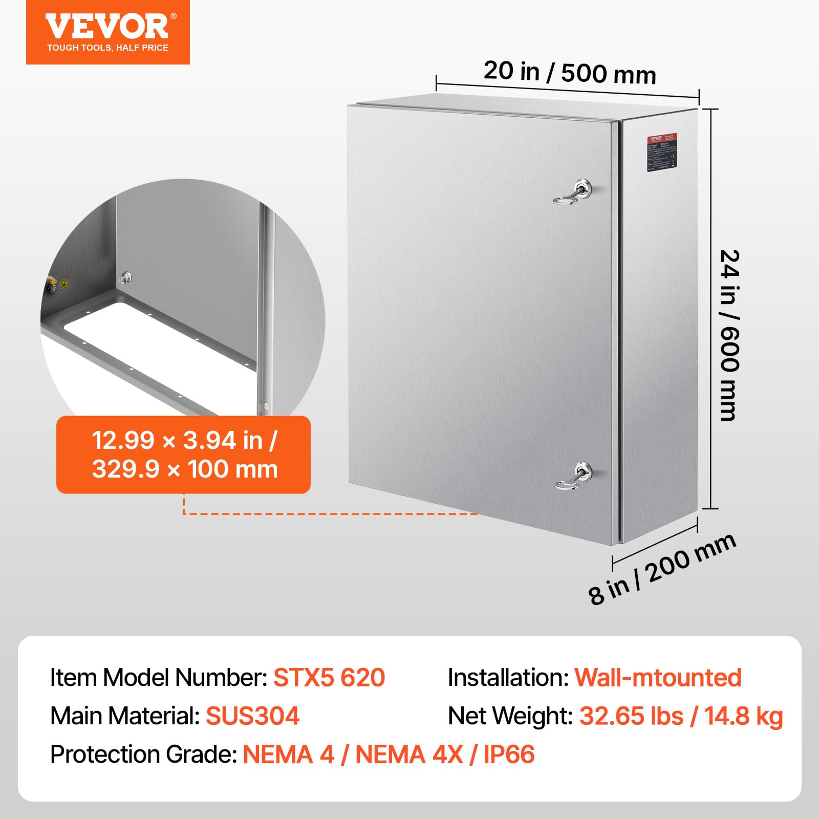 VEVOR Caja Eléctrica de Acero Inoxidable Gabinete Eléctrico 60x50x20cm IP66 Caja Impermeable Montada en Pared con Placa de Montaje Bisagra de Bloqueo para Equipos Electrónicos Eléctricos al Aire Libre