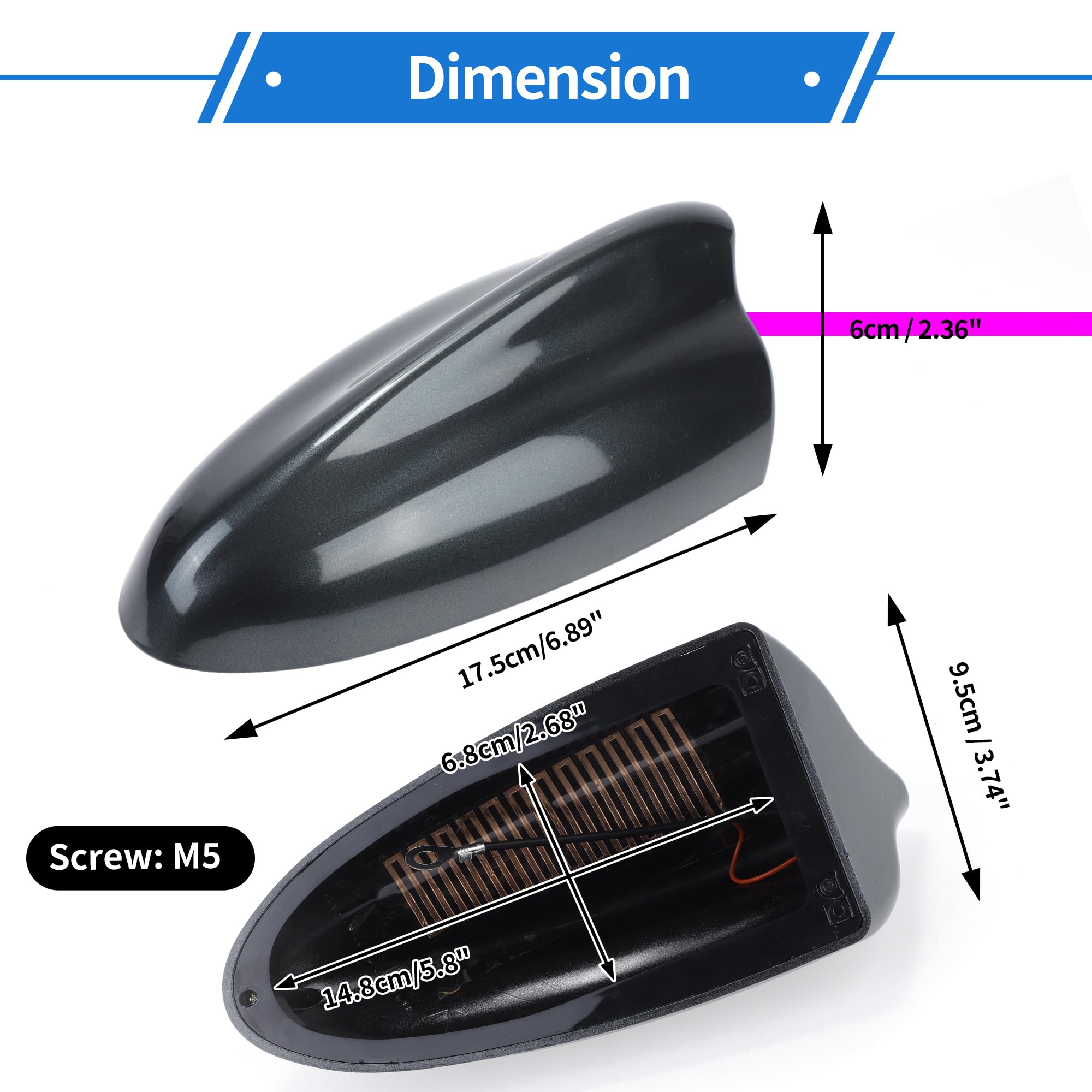 Cubierta de Antena de Aleta de Tiburón Antena de Techo de Señal Am/FM Universal para Coche SUV Camión Todoterreno Material ABS con Base Adhesiva Gris Oscuro