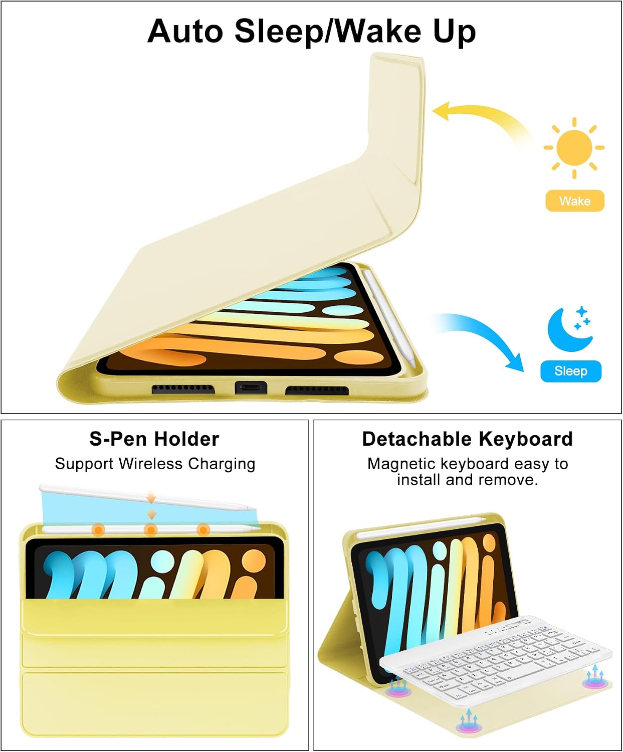 iPad Mini 7th Gen 2024 (A17 Pro) & iPad Mini 6 Keyboard Case 2021, Detachable Wireless Bluetooth Keyboard Slim Folio Smart Cover with Pencil Holder for iPad Mini 7th/6th Gen 8.3 inch - Yellow image 5