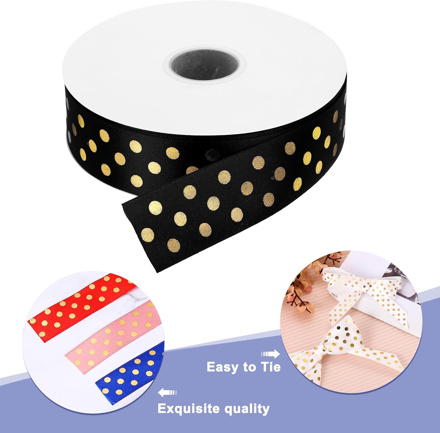 MECCANIXITY Polka Dots Grosgrain Ribbon 100 Yards 1-1/2 Inch Black with Gold Dots Polka Dots Ribbon Bow Decoration for Crafts Gift Wrapping Wedding DIY Handmade