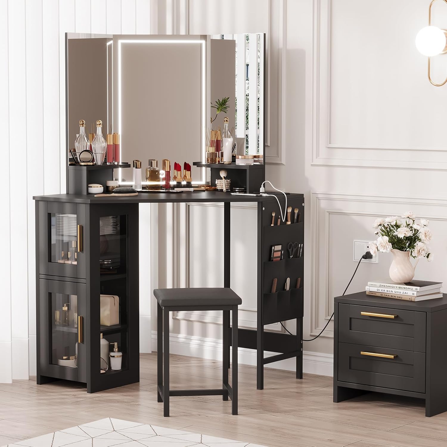INCOMPLETE Garvee Corner Vanity Desk and Stool, Corner Makeup Vanity with LED Lighted Mirror Charging Station and Cabinet for Bedroom, Black Led-pureblack