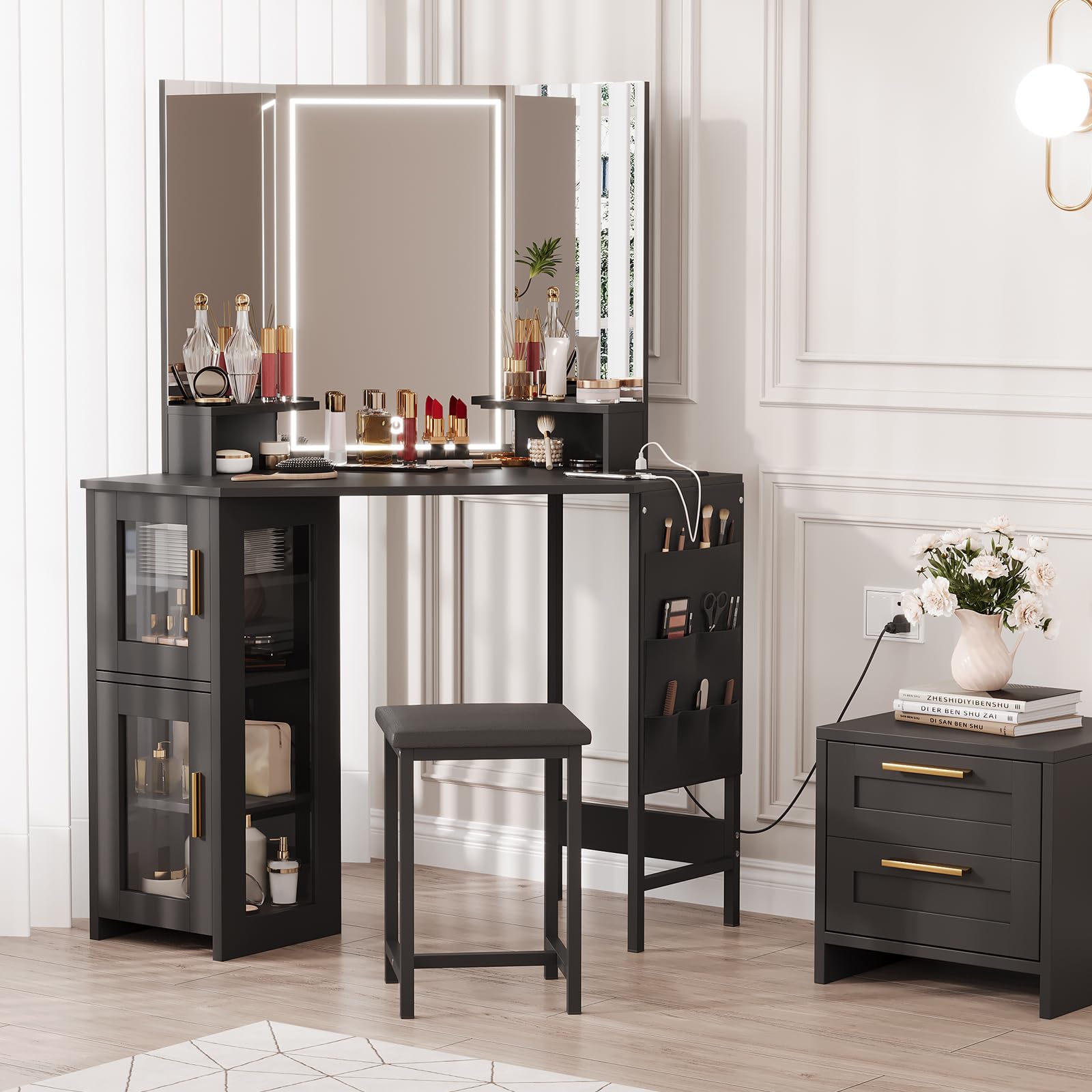 Garvee Corner Vanity Desk and Stool, Corner Makeup Vanity with LED Lighted Mirror Charging Station and Cabinet for Bedroom, Black