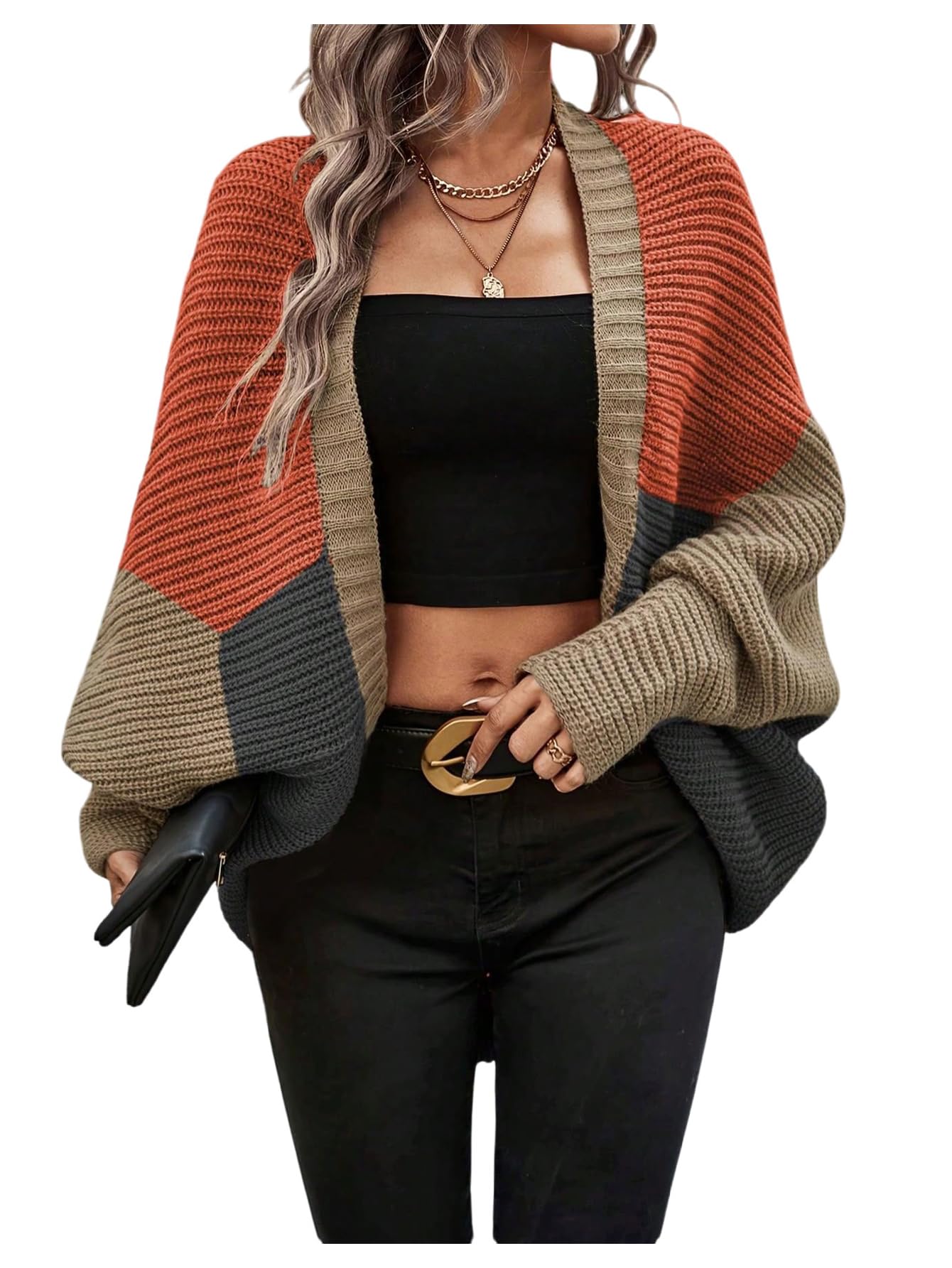 WDIRARA Womens Color Block Cardigan Sweaters Long Dolman Sleeve Open Front Knit Outerwear
