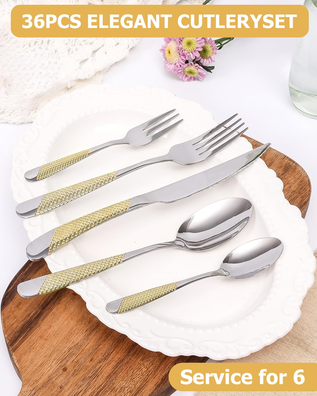 Xespis Set Posate 6 Persone, 36 Pezzi Posate Acciaio Inox, con Forchette Cucchiai e Coltelli, Posate Eleganti, Altamente Lucidate e Lavabili in Lavastoviglie, per Casa, Festa, Ristorante