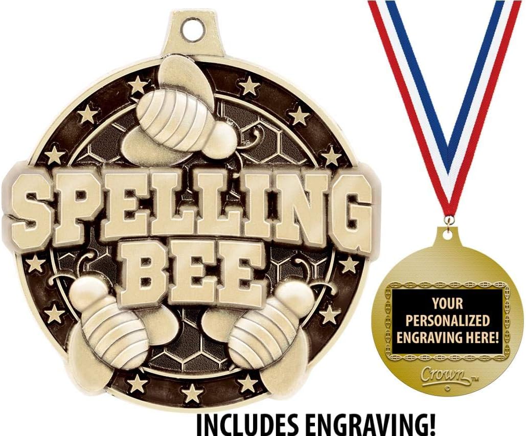 Crown Awards Spelling Medals, 2" Gold Spelling Bee Medal Award with Free Custom Engraving