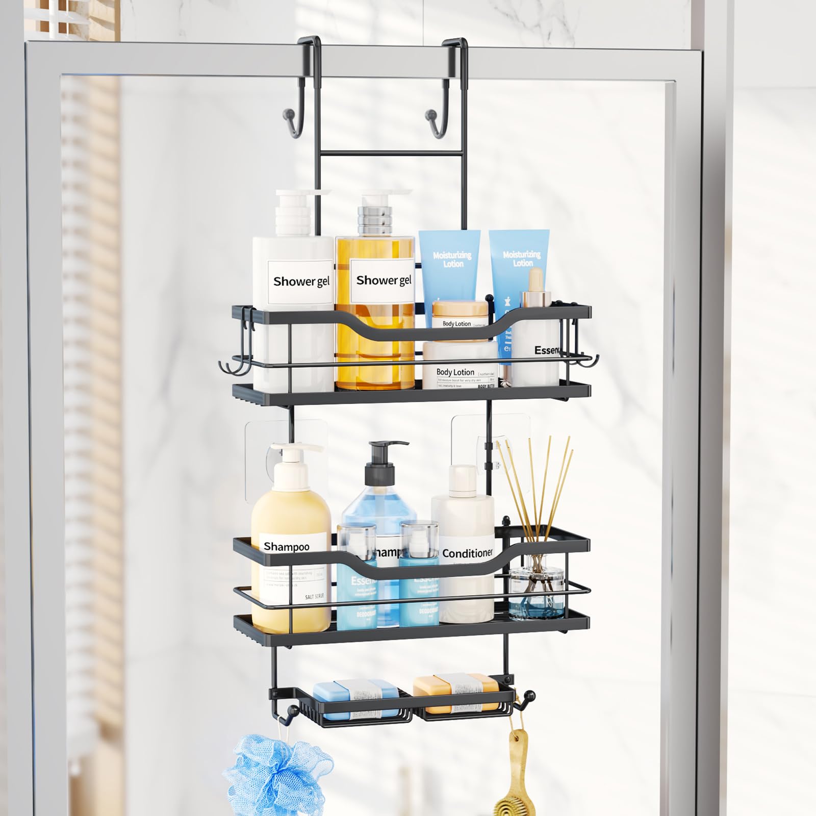 Consumest Over The Door Shower Caddy - 3 Tier Shower Shelves Hanging with Soap Holders Large Capacity Shower