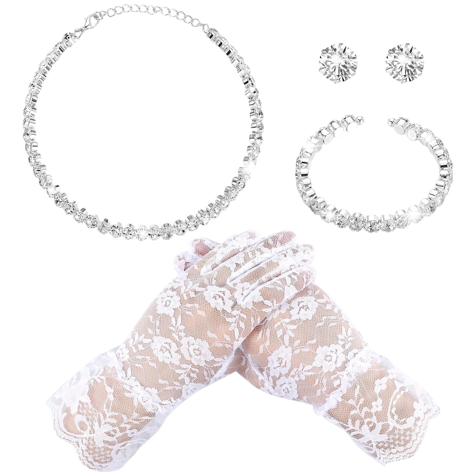 XIABYAYU Kommunion Schmuck Mädchen, Ohrstecker Halskette Set, Kurze Handschuhe Weiß, Halskette, Kinder Schmuck Set mit Halskette, Armband, Ohrringe, Handschuhe Weiß