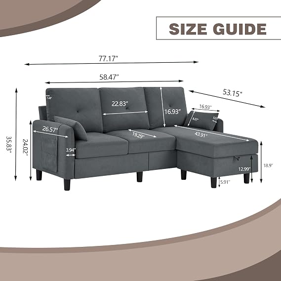 Convertible Sectional Sofa, 77 Small L Shaped 3 Seat Couch with Reversible Storage Chaise, Modern Polyester Fabric Sofa Couches for Living Room, Apartment and Small Space, Dark Grey