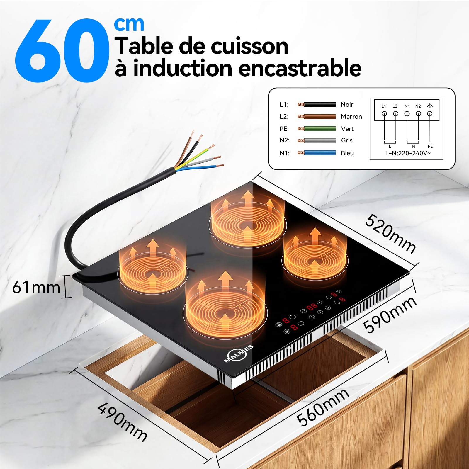 Mini Hotte Asipirante,Hotte Aspirante Portable avec 3 Vitesses & Plaque Induction 4 Feux D60355C1
