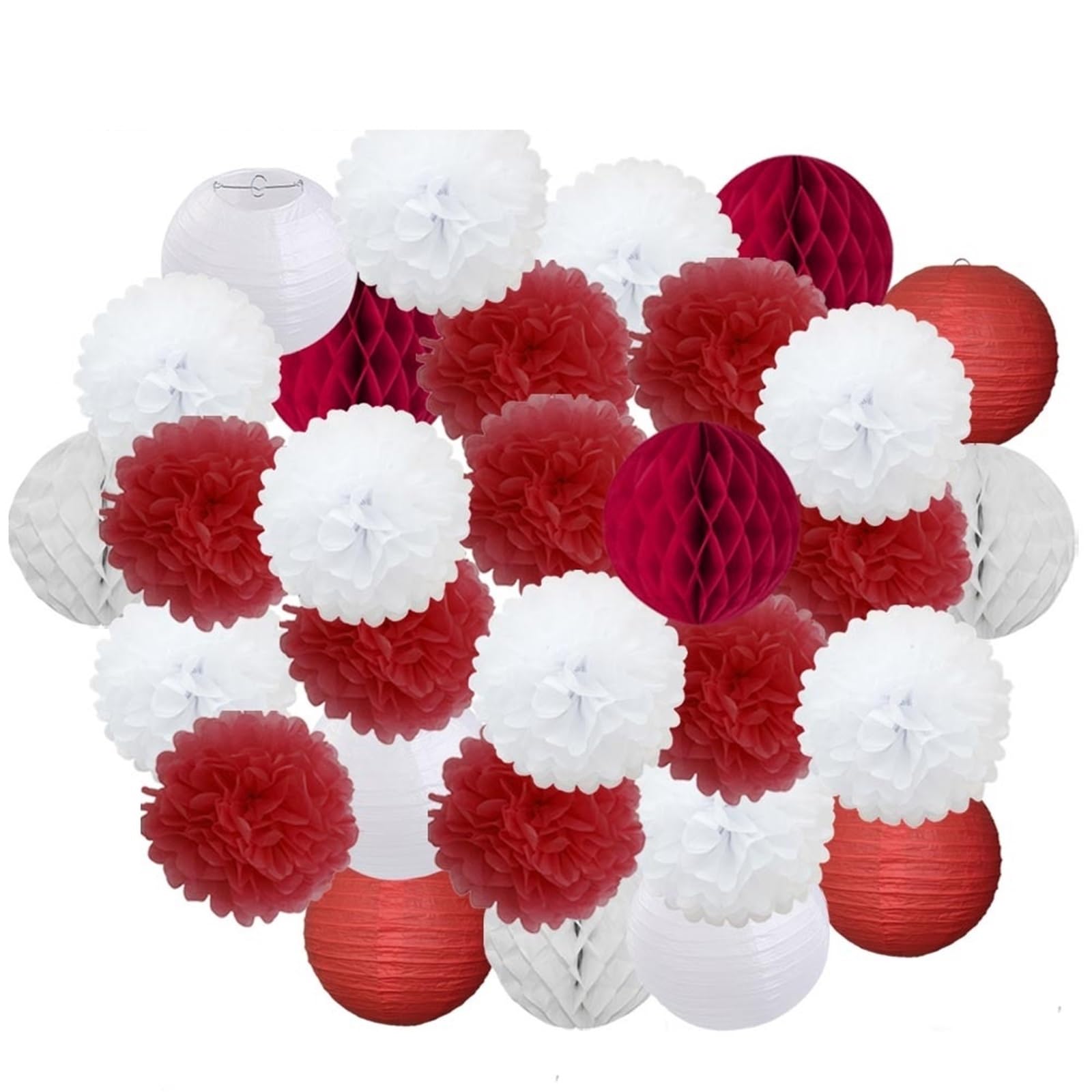Pompon di carta Lanterna di carta blu e bianca da 30 pezzi, decorazione for feste, 6", 8", 10", 12", bomboniera for compleanno, pompon in tessuto appendere per Festa(Red Set,10inch 25cm)
