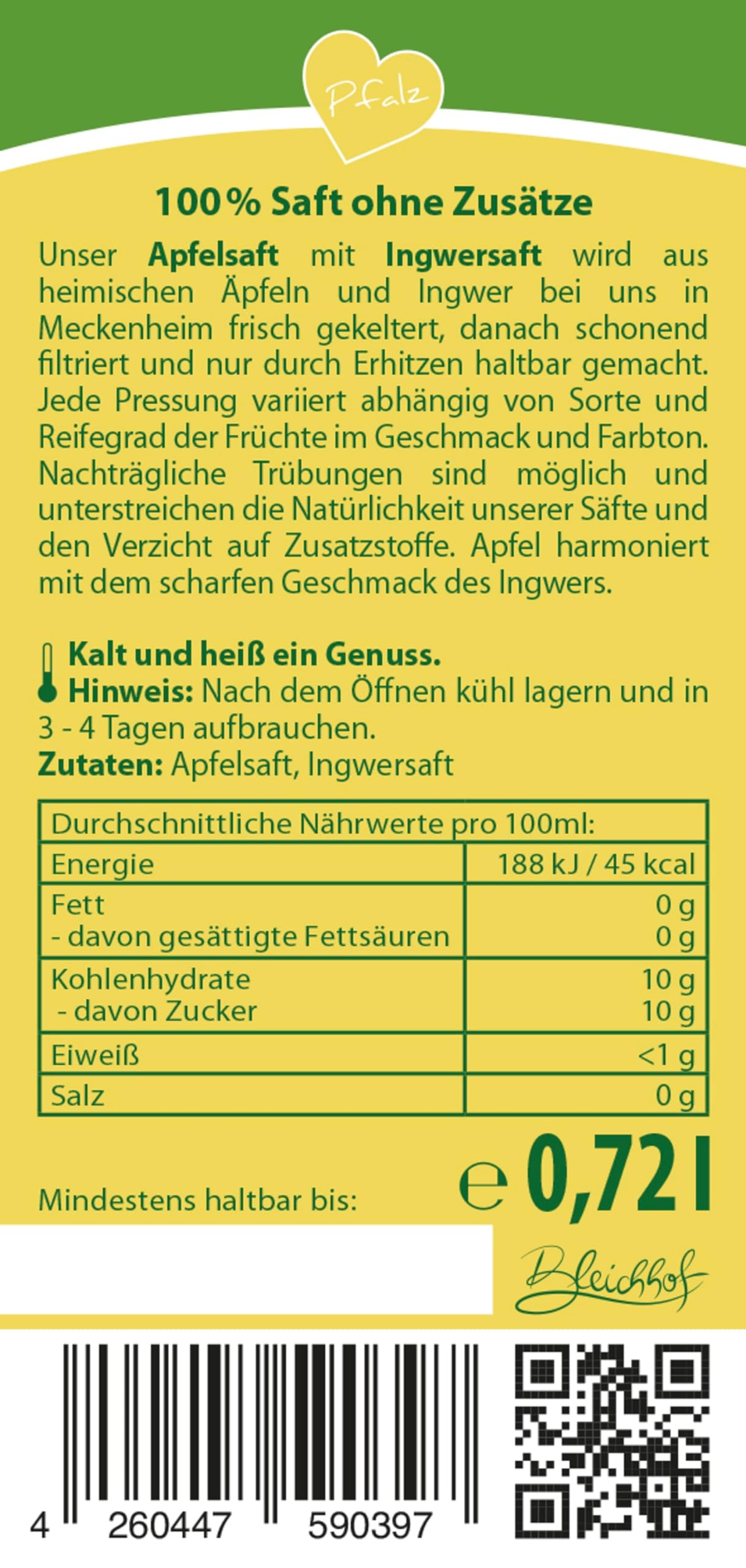 BLEICHHOF® Apfelsaft mit Ingwersaft - Direktsaft, vegan (12x 0,72l)