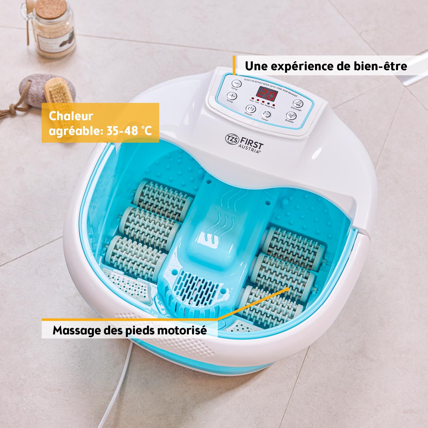 TZS First Austria - Hydromasseur plantaire 450W avec 3 programmes & 6 rouleaux massage - Bain de pieds électrique avec massage par vibration & bulles d'air, avec infrarouges & chauffage - Avec timer