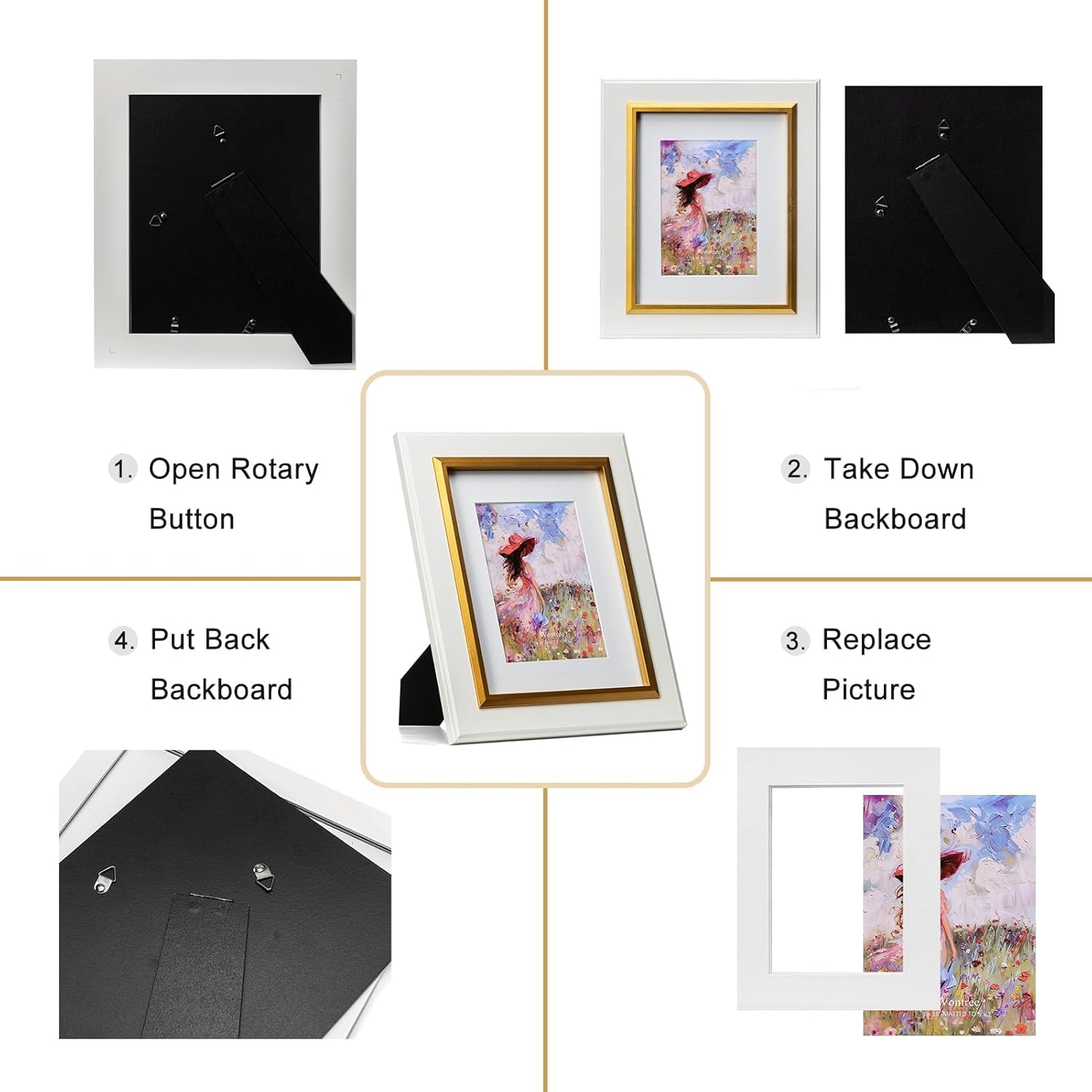 8x10 White Picture Frame, Gold Trim Border, Solid Wood with Real Glass, Display 8x10 Photos Matted to 5x7, Vertical and Horizontal Desk Tabletop or Wall Hanging