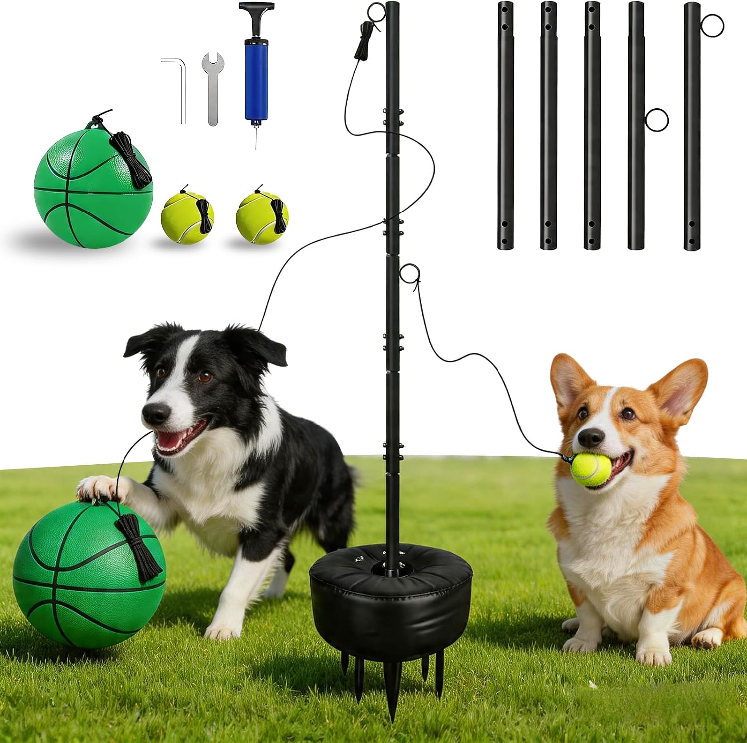 Tetherball Set with Ball & Rope for Outdoor Backyard - Adjustable Tether Ball Pole 20kg Water Weight Bag & 5-Prong Base for Family Dogs