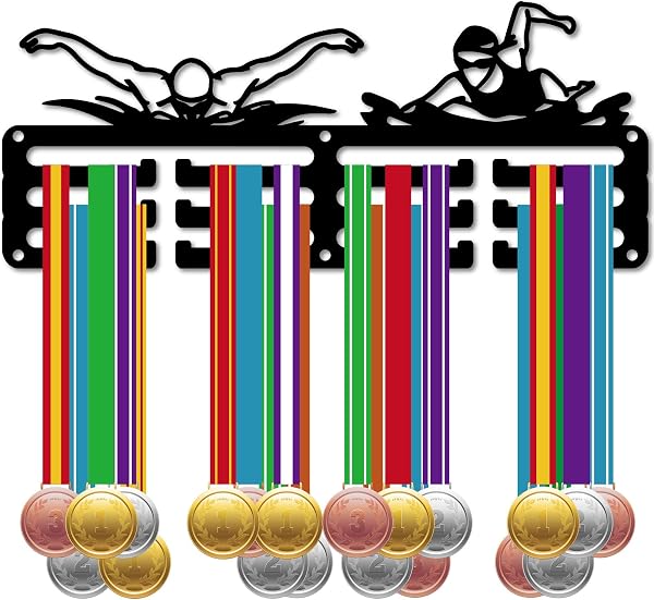 CREATCABIN Porte-Médailles Natation Présentoir Médailles Nageur Support Sport Métal Suspendre Récompenses Fer Petit Support Décor Récompenses pour Hommes Femmes Mur Maison Badge Cadeau Noir 29x12cm - 1
