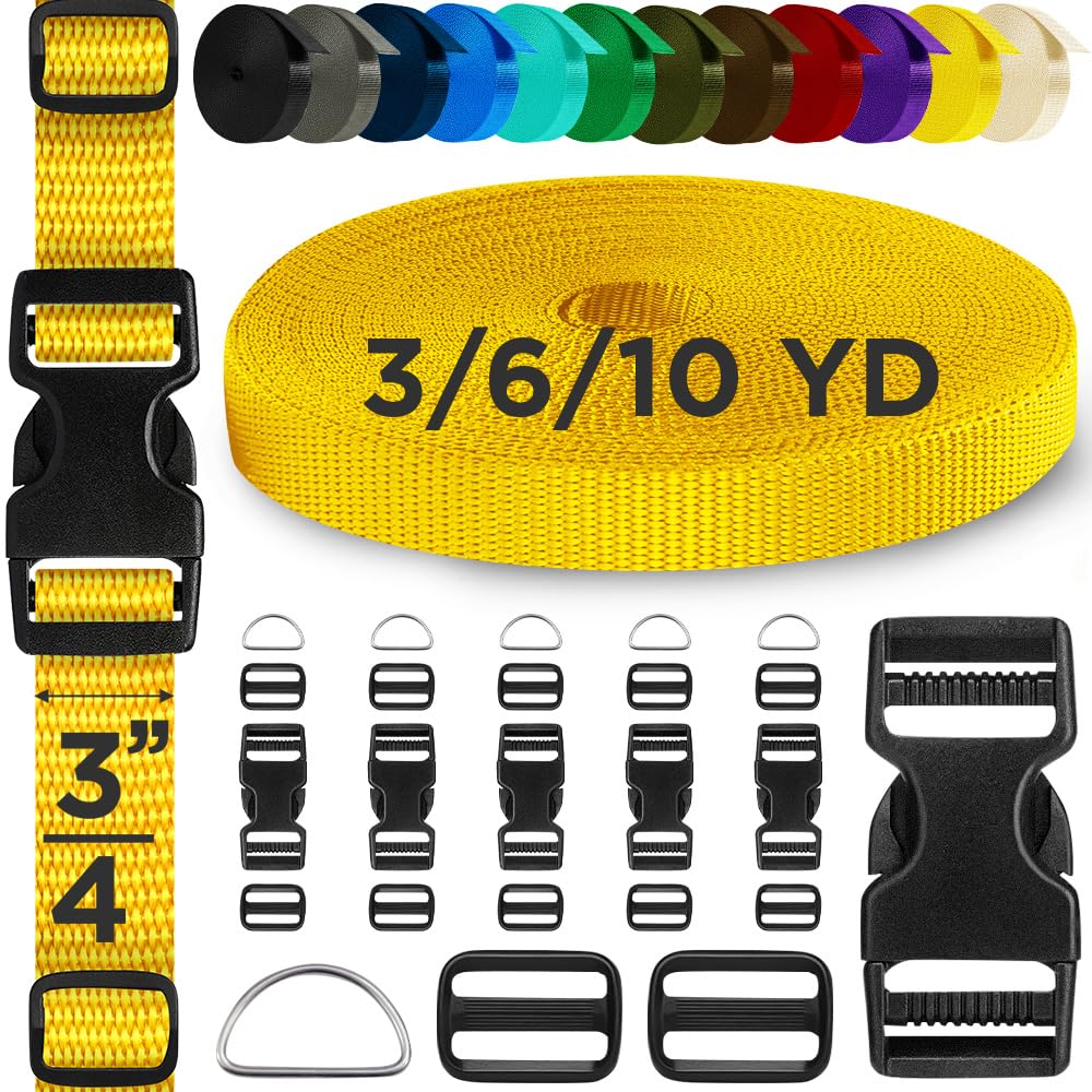 TECEUM Buckles & Strap Kit – 3/4" Honey Yellow Nylon Webbing 6 (yd) – 6 Heavy Duty Adjustable Plastic Buckles – 12 Tri-Glide Slide Clips – 6 Metal