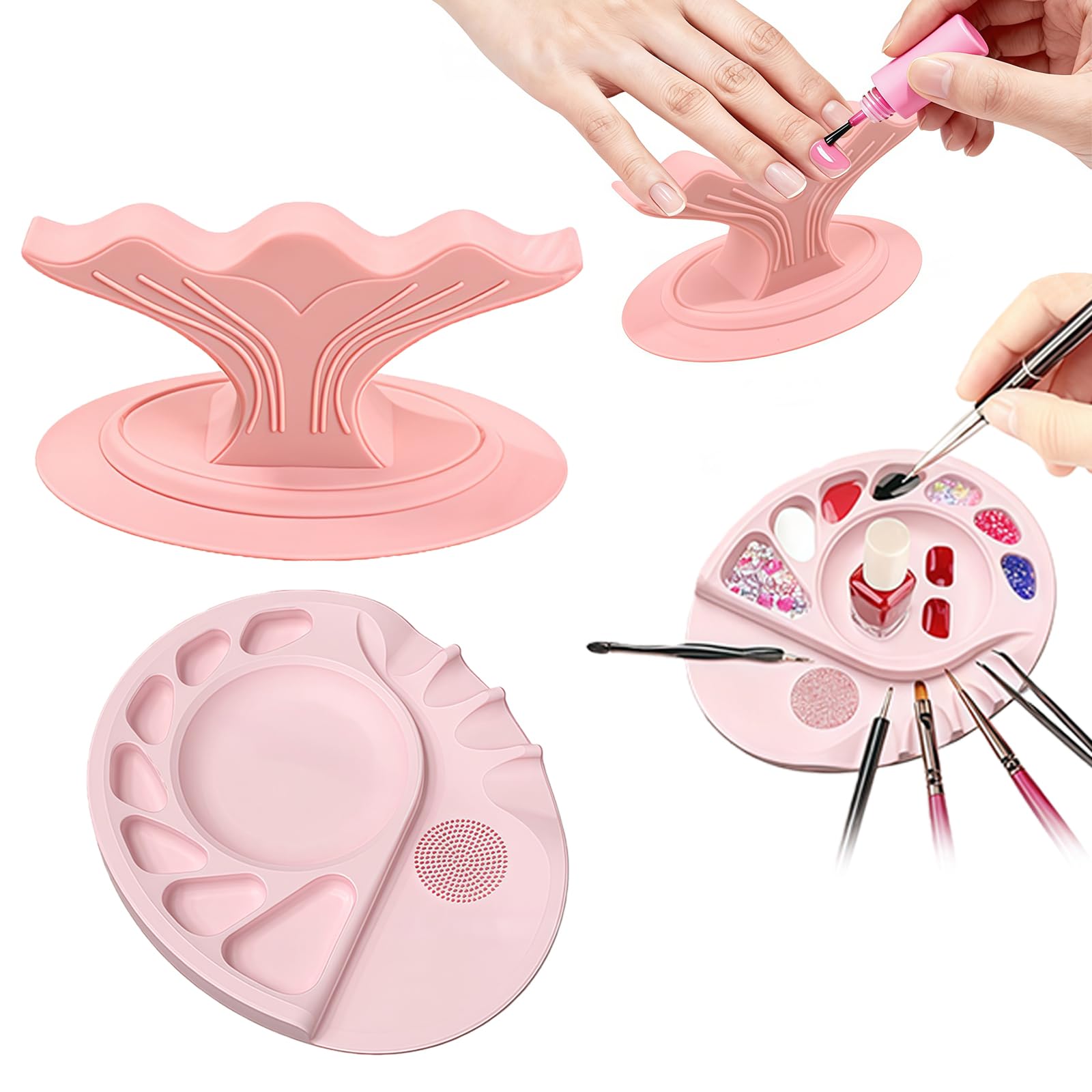 5-in-1 Multi functional Makeup and Nail Color Palette and Nail Stand Hand Rest for Nails, Manicure Supplies with Multi Angle & Polish Trays Makeup painting tools (PINK)-image-47