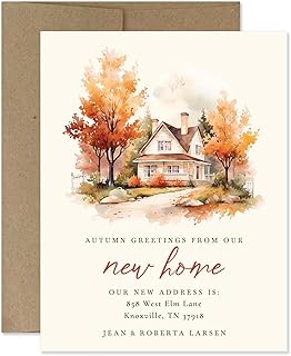 Personalized Fall Moving Announcement Cards with Names, Change of Address Notes, Autumn Leaves Watercolor Design, Orange Tree New Home Notecards with Envelopes (Design 2)