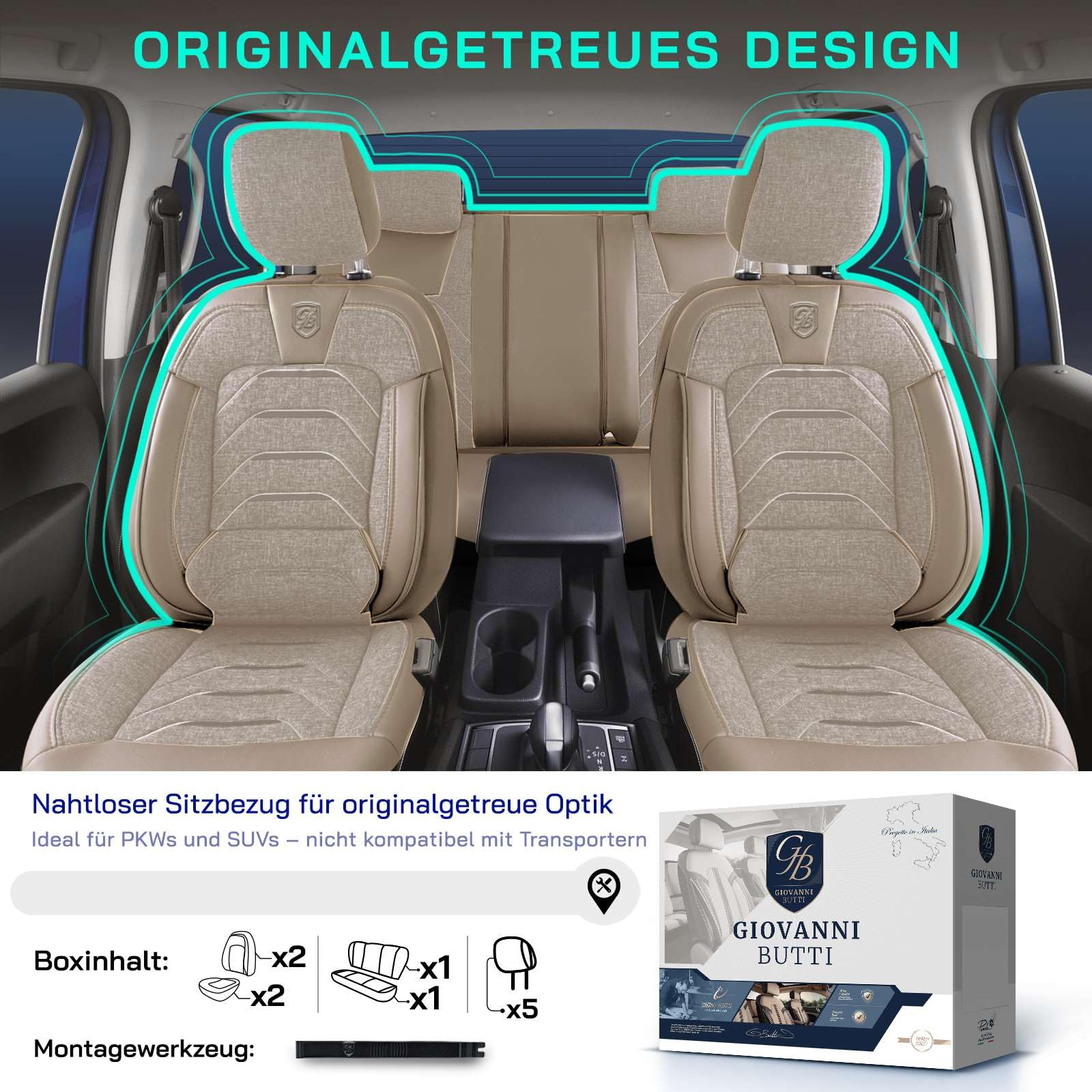 Fundas de asiento universales para coche y SUV - Fundas de asiento premium delanteras de lino, beige, compatibles con airbag, funda de asiento para coche, juego completo incl. kit de
