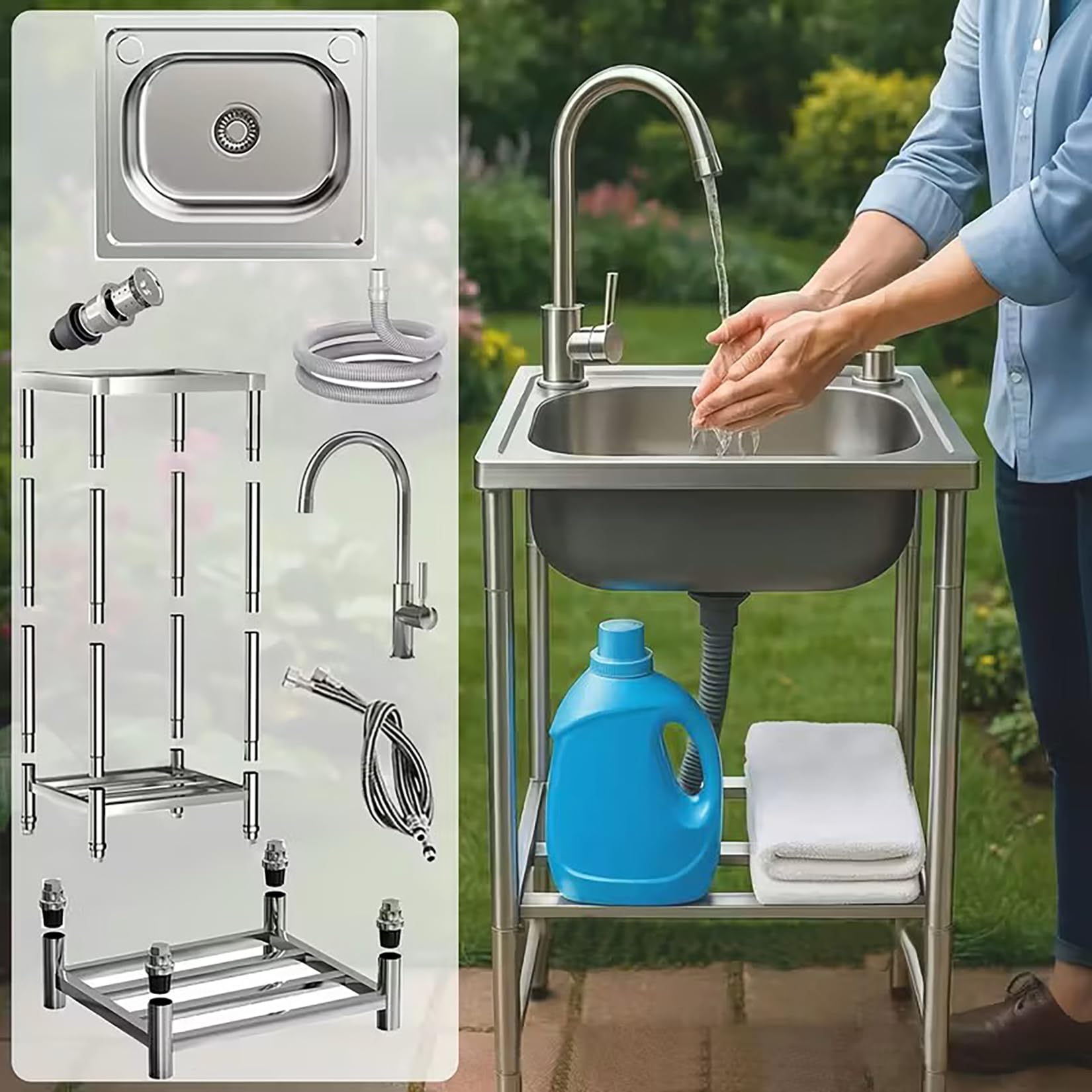 Outdoor Spüle Freistehend Waschbecken mit Wasserhahn Kalt- und Warmwasseranschluss Edelstahl Küchenspüle 1 Becken Mobiles Gewerbliche Spülbecken Ausgussbecken für Küche,Gastronomie,Haushalt