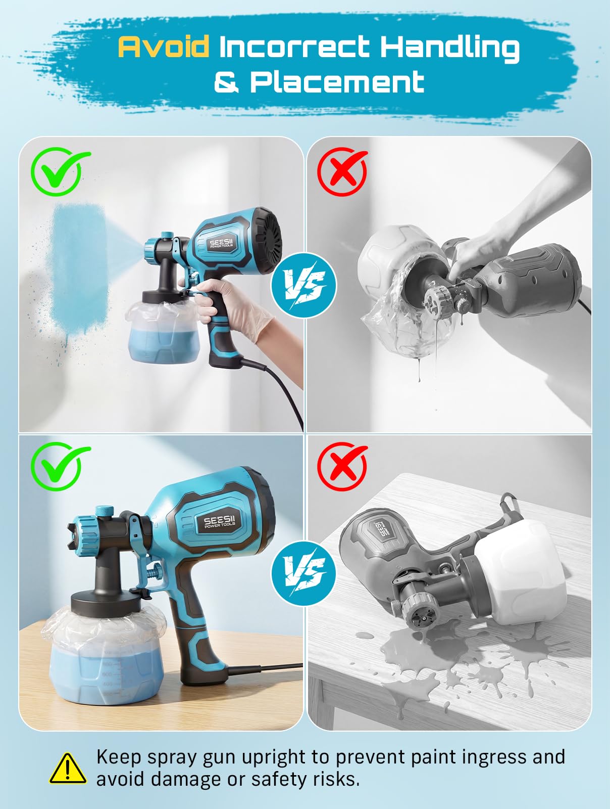 Seesii Paint Sprayer,1400ML HVLP Paint Gun with 4 Nozzles and 3 Patterns, 5 Paint Bags, Easy Clean & Adjustable Flow, Sprayer Gun for House Painting, Furniture, Cabinets, Walls, Fence, DIY Projects — view 9