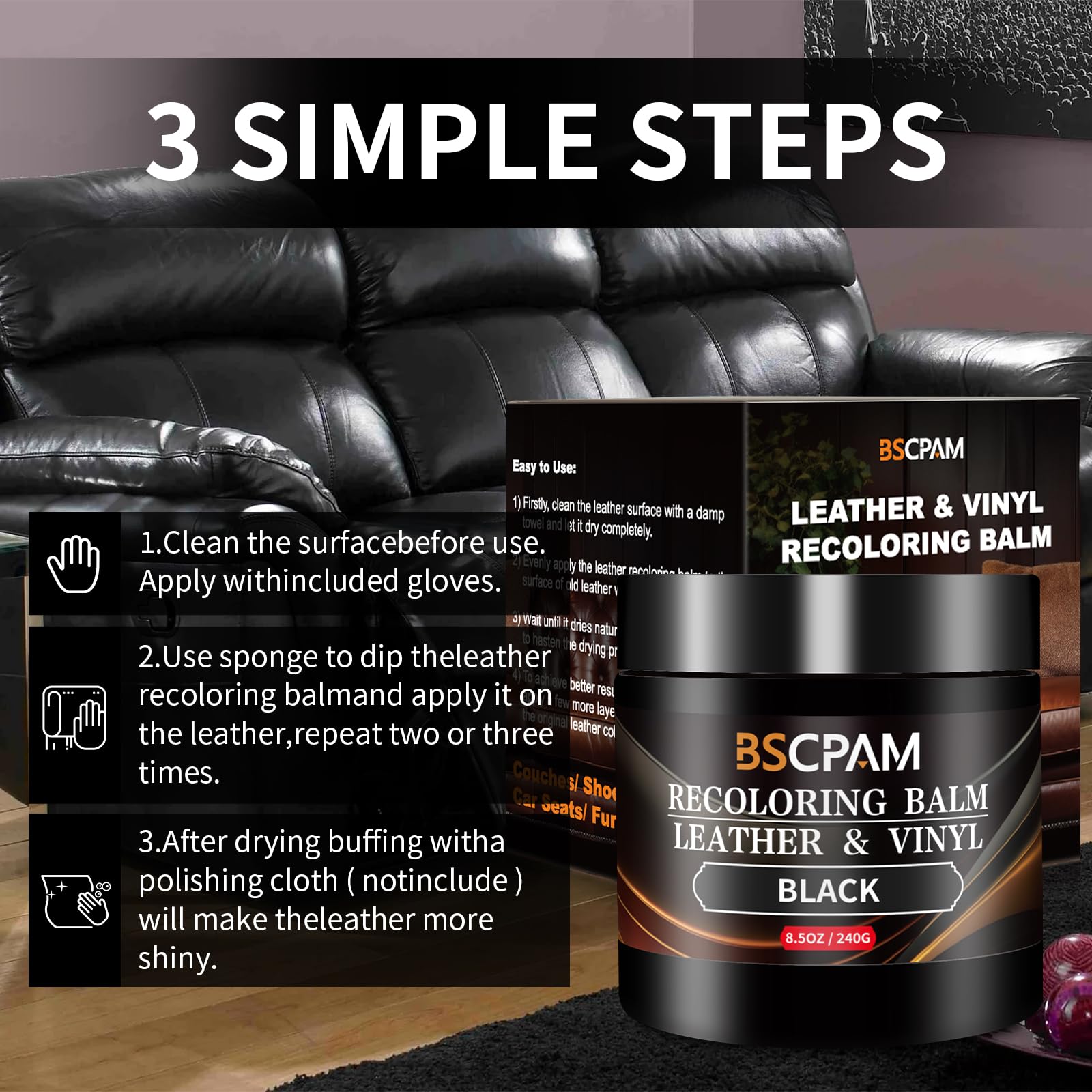 Kit Reparation Cuir Noir,Balsam pour Recoloriage Cuir,Peinture Cuir Liquide,Vinyle Teinture Cuir Réparation pour Canapés,Sièges Voiture,Chaussures,Selle,Blouson en Cuir Griffures/Taches