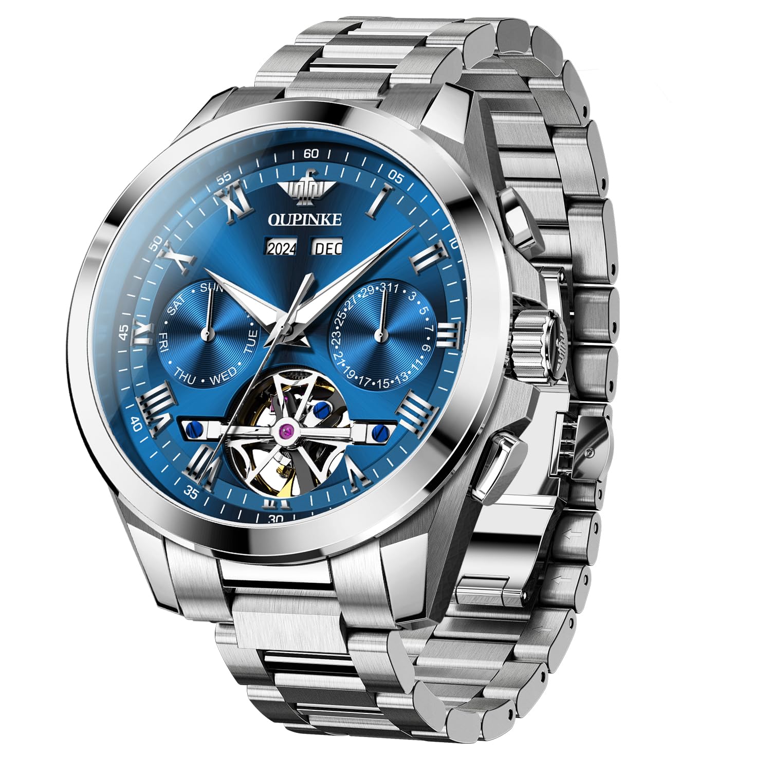 OUPINKE Watch for Men Automatic Wristwatch Skeleton Sapphire Crystal Luminous Hands 3D Dial with 5ATM Waterproof Luxury Stainless Steel Strap Date Display