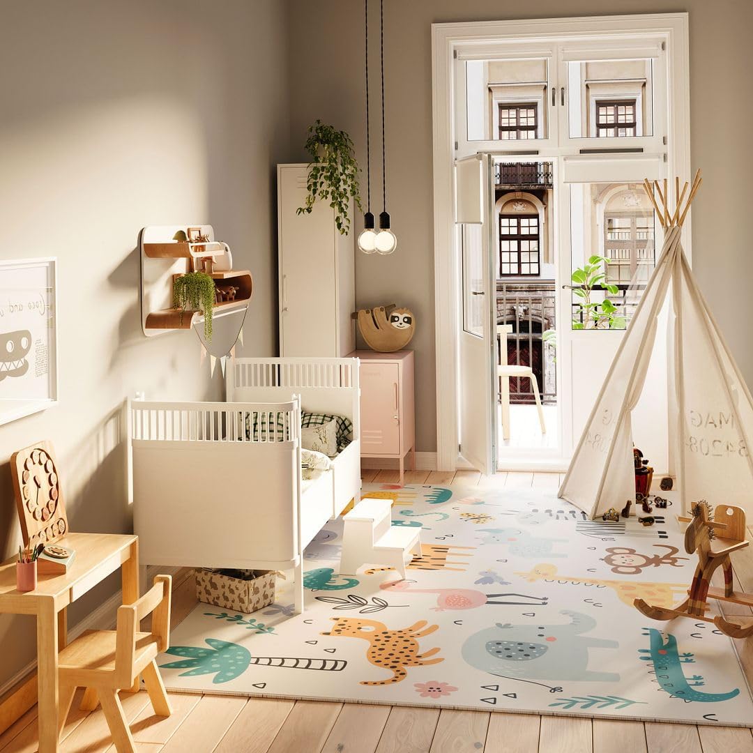 Large Washable Non Slip Kids Safari Bedroom Area Rug Zoo Animal Children’s Play Mat Jungle Boys Girls Nursery Rugs 160cm x 230cm