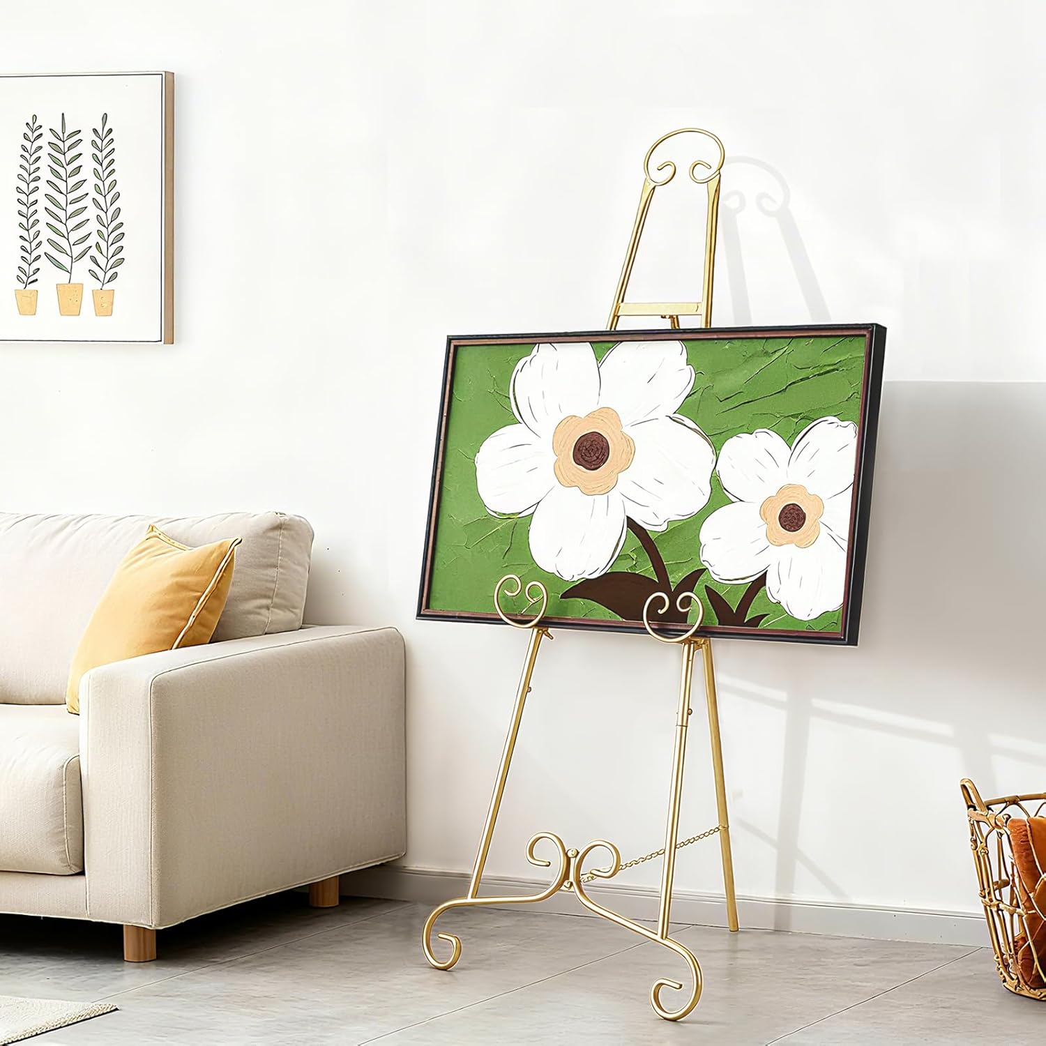 2 Pack 46" H Metal Round Tube Scroll Display Easel, Vintage Gold Decorative Adjustable Floor Standing Easels with Chain Support, for Wedding Welcome Signs, Picture Frames, Artwork and Event Displays